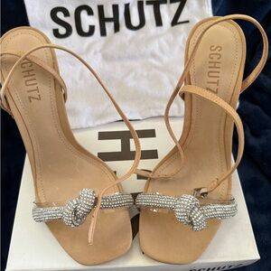 Schutz Women's Tan Sandals with Silver Accents